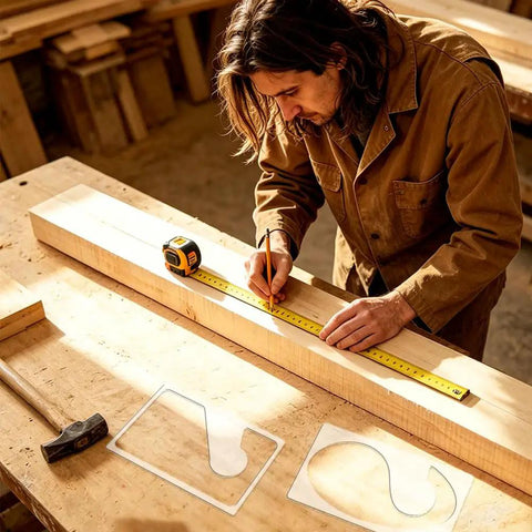 2 Piece Heavy Duty Acrylic Baby Closet Divider Router Template With Curved Hanger Cutting Stencil; man measuring wood using a tape.