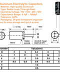 Aluminum electrolytic capacitor technical diagram with measurements and specifications from the Massive 630 Piece Kit.