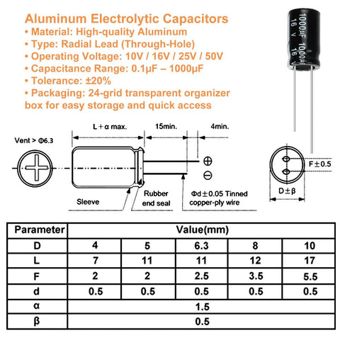 Aluminum electrolytic capacitor technical diagram with measurements and specifications from the Massive 630 Piece Kit.