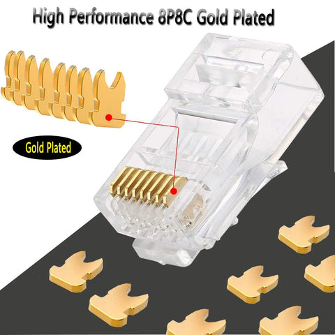 Cat6a Pass Through Ethernet Connectors 8P8C Gold Plated 23 AWG for unshielded twisted pair solid wire and standard cables