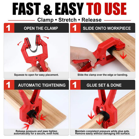 Illustrated instructions for Eight Pack Edge Band Spring Clamps For Edge Banding And Woodworking Adjustable Clips For Carpentry
