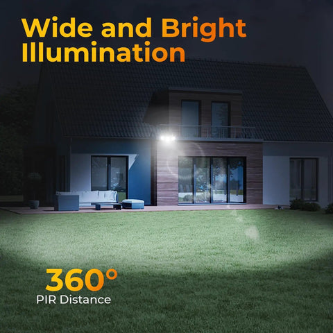 Ultra Bright Solar Motion Sensor Outdoor Lights With Remote 3 Modes LED Security Flood Light illuminating a house at night