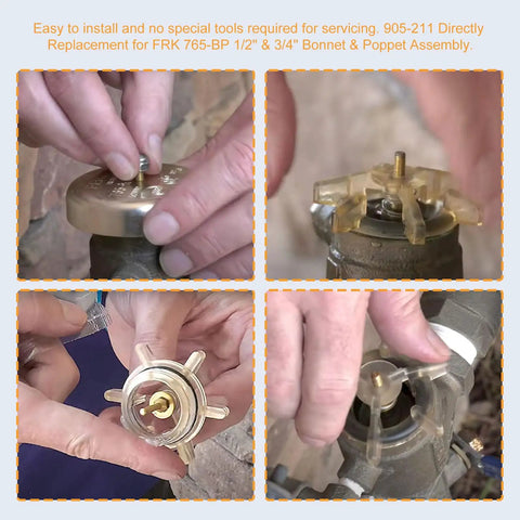 Four images showing Bonnet And Poppet Repair Kit For 765 Pressure Vacuum Breaker Backflow Preventer installation steps.