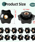 Rock Solid No Sweat 12 Pack Star Knobs M8 Thread Knurled Clamping Nuts Matte Black Reinforced Nylon Steel Core Heavy Duty Smooth Grip For Shop Tools And Workshop Benches Fast Adjust angle showing product size and dimensions.