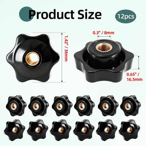 Rock Solid No Sweat 12 Pack Star Knobs M8 Thread Knurled Clamping Nuts Matte Black Reinforced Nylon Steel Core Heavy Duty Smooth Grip For Shop Tools And Workshop Benches Fast Adjust angle showing product size and dimensions.