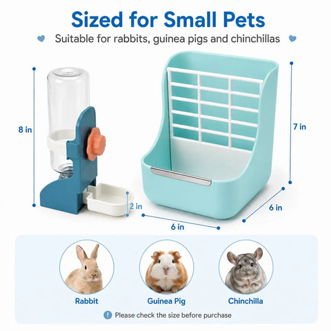 Heavy Duty 2 In 1 Hanging Hay Rack And Water Bottle Combo With Spacious Food Bowl For Bunnies Guinea Pigs Chinchillas And Little Critters Keeping Cages Clean, measuring 8x6x7 inches.