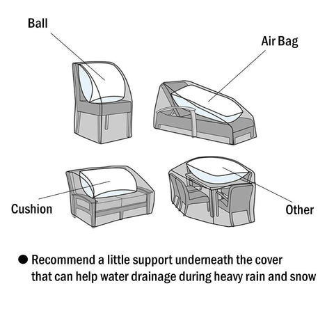 Diagram showing air bag and cushion options for Patio Furniture Cover Waterproof UV Resistant For 72 To 84 Inch Dining Table And Chair Set Beige 108 Inch By 82 Inch Beefy Heavy Duty Ripstop Fabric Outdoor Cover For All Weather Protection.