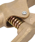 Close-up of Sturdy Brass A Shaped Welding Ground Clamp With High 300 Amp Conductivity showing spring and jaw mechanism for reliable connections.