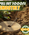 Natural Jute Twine String 1000ft 2mm 3 Ply Bulk Rope laying in a garden setting with pull-out illustration.