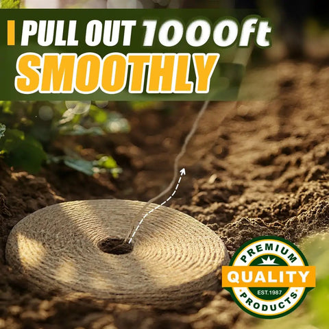 Natural Jute Twine String 1000ft 2mm 3 Ply Bulk Rope laying in a garden setting with pull-out illustration.