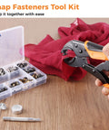Heavy Duty Snap Fastener Tool Kit With Pliers for metal snaps installed on red fabric, showing case with snap fasteners.