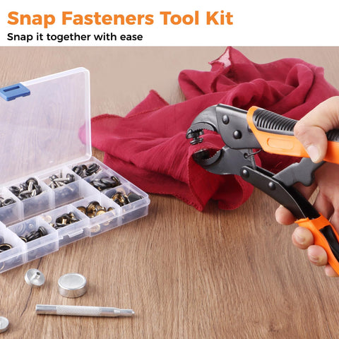 Heavy Duty Snap Fastener Tool Kit With Pliers for metal snaps installed on red fabric, showing case with snap fasteners.