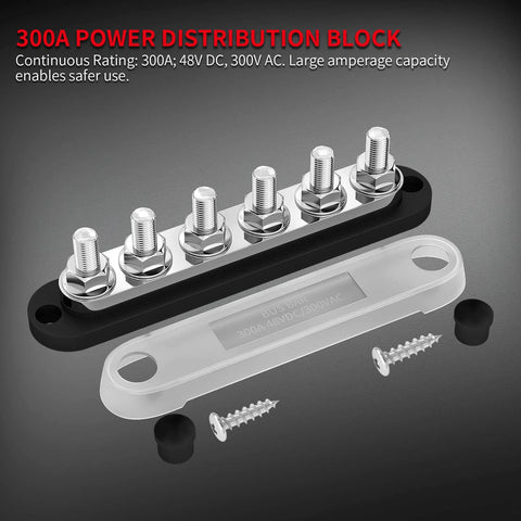 Beefy 300 Amp Bus Bar Terminal Block With Cover For Marine And Automotive Power Distribution, 12V System, Six M10 Terminal Studs, Handles Up To 300V AC Or 48V DC, Positive And Ground Busbars, Car Boat Ready product image showing six M10 terminal studs with protective cover and screws.