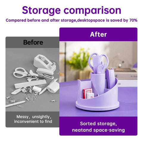 Storage comparison of Purple Desk Organizer Set All in One Office Supplies Kit Boss Desk Must Have with Rotating Pen Holder.