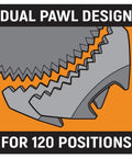 Illustration showing dual pawl design in Three Eighth Inch Drive 120XP Teardrop Ratchet Eight And A Quarter Inch Length Sixty Tooth Gear