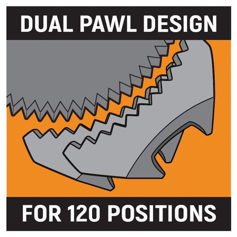 Illustration showing dual pawl design in Three Eighth Inch Drive 120XP Teardrop Ratchet Eight And A Quarter Inch Length Sixty Tooth Gear
