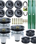Three Pack Spindle Assembly Kit With Spindle Pulley Idler Pulley And Half Inch By 142 Blades For Toro TimeCutter 50 Inch MX5060 SS5000 Mower Decks Replaces 139-3214 125-5575 106-2175 115-5059-03 119-8820, showing components