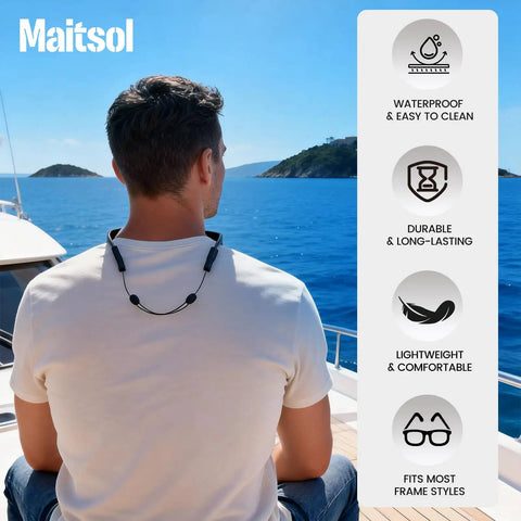 Man on a boat wearing 3 Pack Adjustable Eyeglasses Straps For Men Women And Kids No Tail Sunglasses Strap Eye Glasses Holder