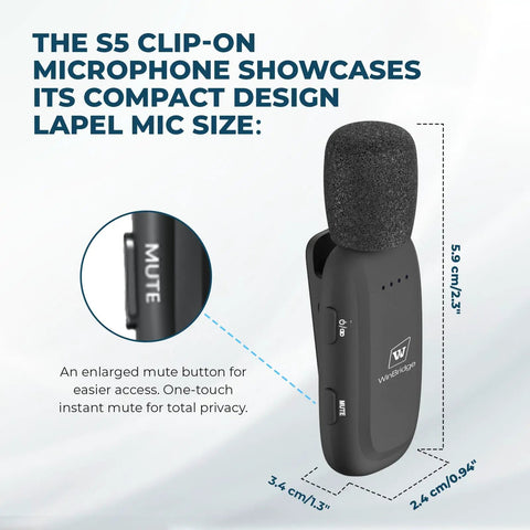 Wireless Classroom Voice Amplifier For Teachers With Clip On Mic System 15W Portable PA To Be Heard Clearly Without Shouting Bluetooth 12 Hour Battery Auto Pairing Ultra Lightweight Clip Mic WB005N showing clip-on microphone design and mute button