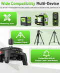 Electric Rotating Base For Laser Level With 50 Meter Wireless Remote Pro Grade Dual Speed Rotation Fast Sweep And Fine 0.088 Degrees Per Second 360 Degree Motorized Turntable Five Eighths Thread With One Quarter Twenty Adapter And Adjustable Tripod Legs, shown with measurement tools and tripods