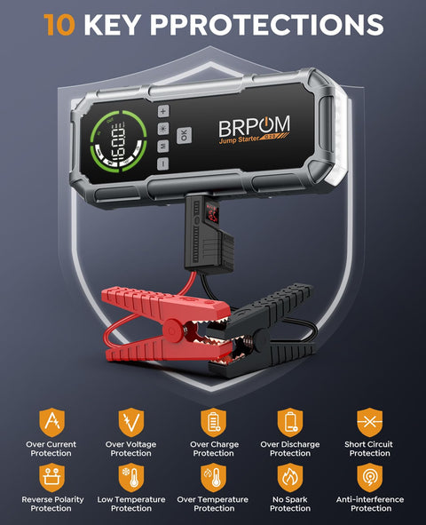 Portable 8000A Peak Jump Starter With Air Compressor for Cars And Diesel Engines showing LCD and clamps in protective design