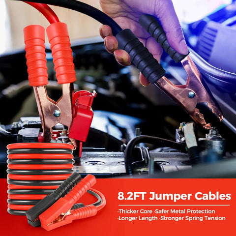 Close-up of red and black Grab And Go Emergency Car Kit jumper cables connected to a car battery, showcasing 8.2FT length.