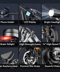 Detailed features of Beast Of A Foldable Electric Bike For Adults, 1000W Peak, 750W Motor, showing components like frame, tires, and headlights.