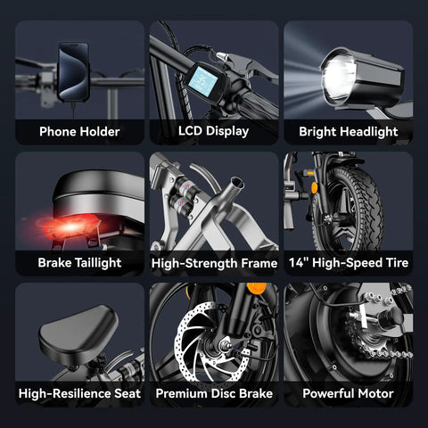 Detailed features of Beast Of A Foldable Electric Bike For Adults, 1000W Peak, 750W Motor, showing components like frame, tires, and headlights.