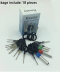 Essential 18-Piece Auto Terminals Removal Tool Kit With Connector Pin Release Key For Reliable Electrical Wiring Repair No Duplicates Included Easy To Use Diy Fix, showing 18 tools in a package.