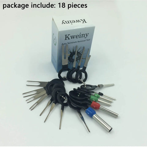 Essential 18-Piece Auto Terminals Removal Tool Kit With Connector Pin Release Key For Reliable Electrical Wiring Repair No Duplicates Included Easy To Use Diy Fix, showing 18 tools in a package.
