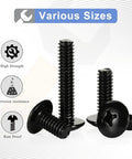Heavy Duty M6 Truss Head Machine Screws, Black Coated Stainless Steel Cabinet And Drawer Fasteners, Full Thread Phillips Drive Hardware, Built Tough For Zero Sweat Cabinet Builds, 25 Pack displayed at various angles.