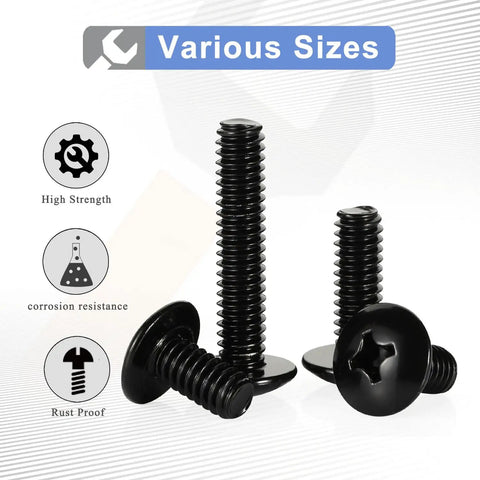 Heavy Duty M6 Truss Head Machine Screws, Black Coated Stainless Steel Cabinet And Drawer Fasteners, Full Thread Phillips Drive Hardware, Built Tough For Zero Sweat Cabinet Builds, 25 Pack displayed at various angles.