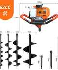 Beast 62cc Two-Stroke Gas Powered Post Hole Digger With 4, 6, 8, 12 Inch Auger Bits And 8, 12, 20 Inch Extensions shown