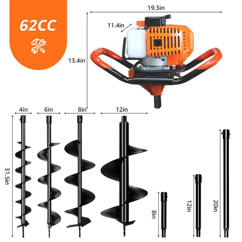 Beast 62cc Two-Stroke Gas Powered Post Hole Digger With 4, 6, 8, 12 Inch Auger Bits And 8, 12, 20 Inch Extensions shown