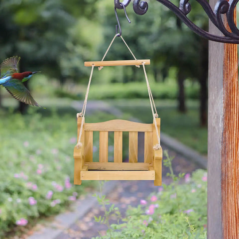 Set Of 2 Wooden Swing Bird Feeders For Outdoor Hangin With Metal Mesh Bottom, Bench Style Bird Feeders In Garden