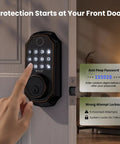 Super Smart Fingerprint Door Lock For Front Entry delivering keyless deadbolt with keypad and smartphone control, installed on a door.