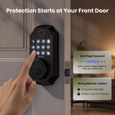 Super Smart Fingerprint Door Lock For Front Entry delivering keyless deadbolt with keypad and smartphone control, installed on a door.