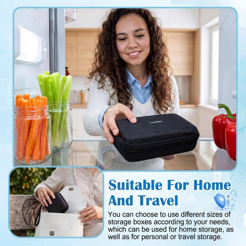 Woman placing 2 Piece Peptide Vial Storage Case Pack For 3ml 10ml Vials And 30ml BAC Water in fridge