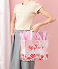 Woman holding Two Pack 13 Inch Large Mothers Day Gift Bags With Handles, Reusable Nonwoven Floral Gift Bags With Cards, Comes With Tissue Paper