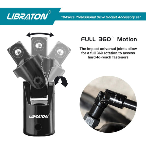 18 Piece Socket Extension And Ratchet Set With Impact Adapters universal joint showing 360° rotation capability