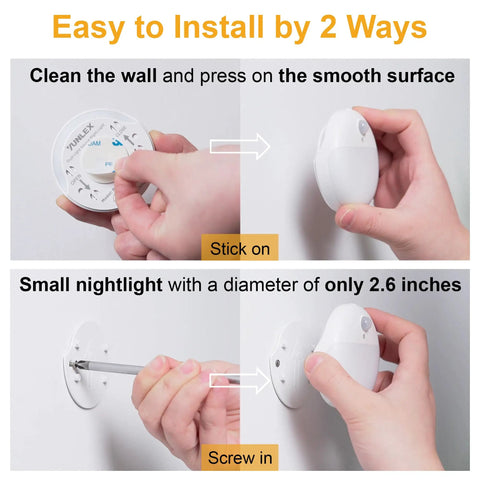 Two Pack Motion Sensor Night Lights For Indoor Use 2.6 Inch Stick On LED Lights For Stairs Bathroom Hallway Bedroom Kids Soft Warm White Dimmable 3 Light Modes Battery Powered Travel Friendly