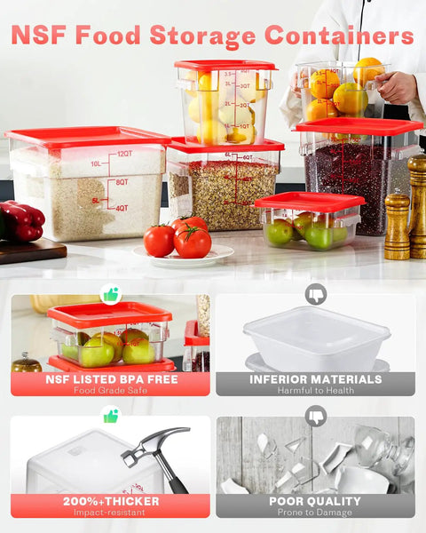 Clear 4 Quart Food Storage Container Set With Red Lids, 4 Pack Square Containers BPA Free Hot And Cold Resistant on kitchen counter