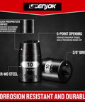 Two Pack Beefy Three Eighths Inch Drive Ten Millimeter Shallow Impact Socket Set showing six-point design, CR-MO steel, black phosphate finish.