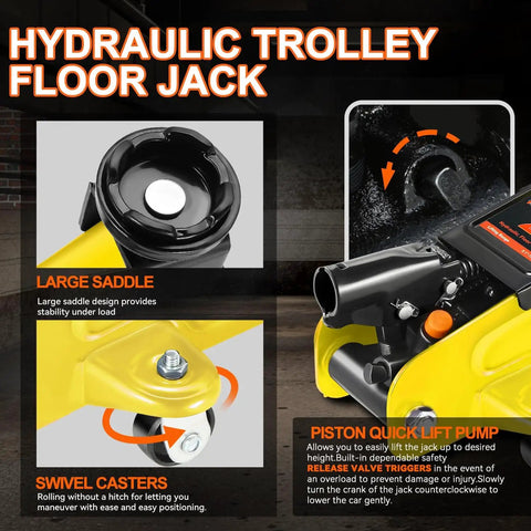 Close-up image of Low Profile Hydraulic Trolley Floor Jack Kit With 2 Ton Capacity, showcasing large saddle and swivel casters.