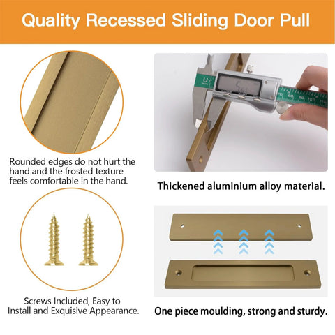 Rectangular Recessed Sliding Door Pulls 2 Pack Champagne Gold Flush Pull Aluminum Alloy with screws, 180mm, shown measuring and details
