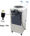 Heavy Duty 18700 BTU Mobile Industrial Air Conditioner With Smart Digital Interface And Dual Cooling Ducts For Quick Indoor Outdoor Job Site Cooling 110V showing plug and voltage.