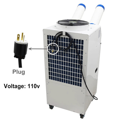Heavy Duty 18700 BTU Mobile Industrial Air Conditioner With Smart Digital Interface And Dual Cooling Ducts For Quick Indoor Outdoor Job Site Cooling 110V showing plug and voltage.