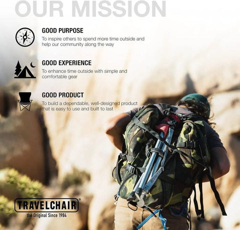 Hiker with Slacker Tripod Camping Chair, camo backpack, rocks in background, image highlights TravelChair mission statements.
