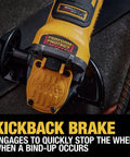 Close-up of Heavy Duty Angle Grinder With 20V Max FlexVolt Advantage Muscle kickback brake feature, designed for safety during use.
