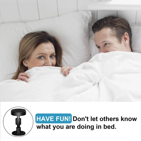 Black Adjustable Bed Frame Stabilizers With No Sweat Mounts For Quiet Sleep And Wall Protection That Squash Creaky Noise For A Chill Room Vibe And Totally Stress Free Sleeping Every Night with a couple peeking from under blankets.